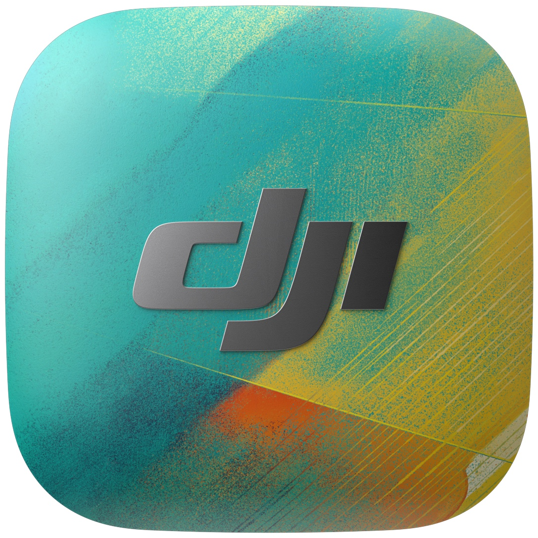 Logo DJI gris sur fond turquoise et jaune avec des éclaboussures.