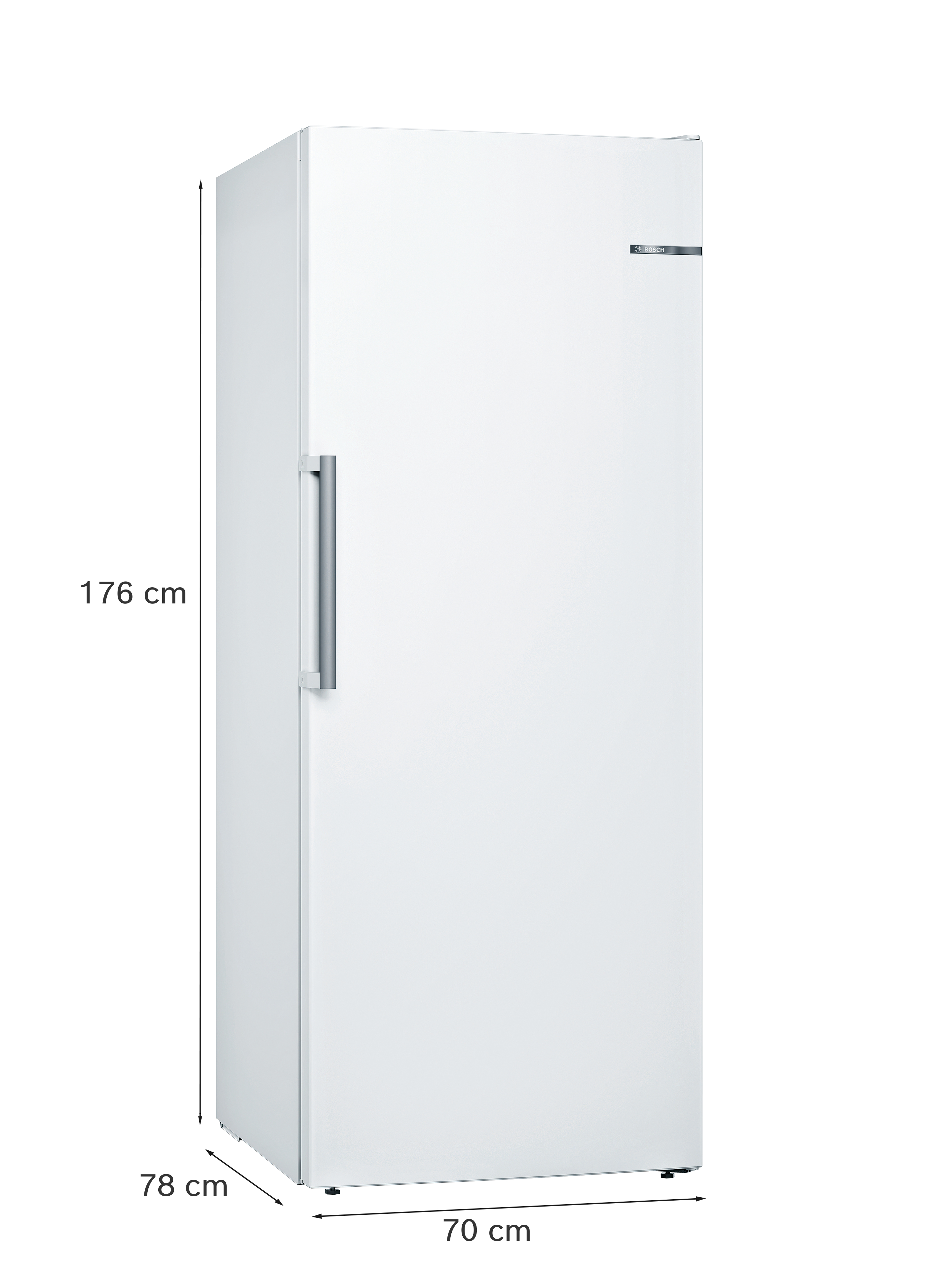 Ein weißer Bosch-Kühlschrank mit silbernem Griff, Höhe 176 cm, Tiefe 78 cm, Breite 70 cm.