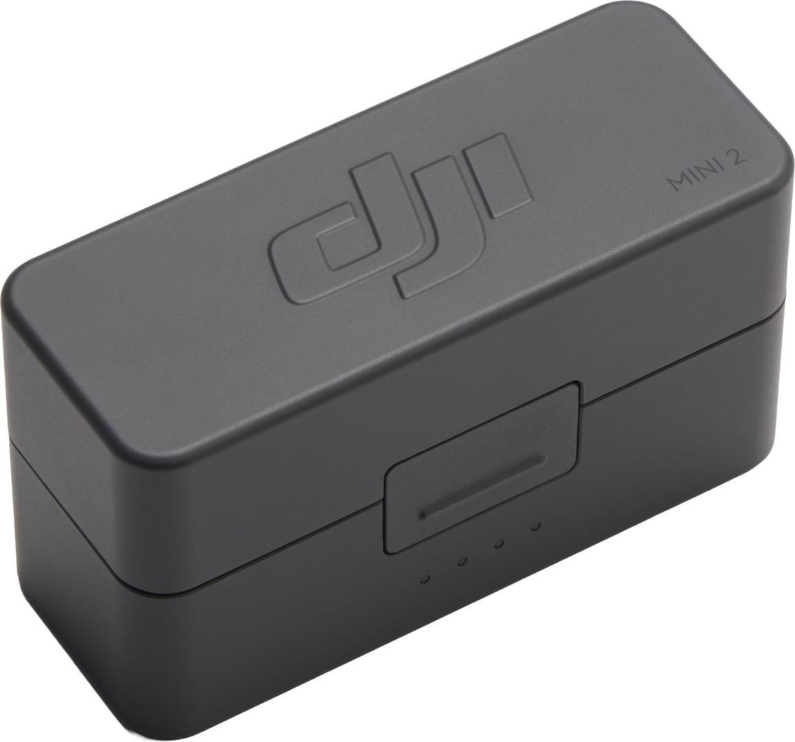 Boîtier gris DJI Mini 2 avec logo et indicateurs de charge.