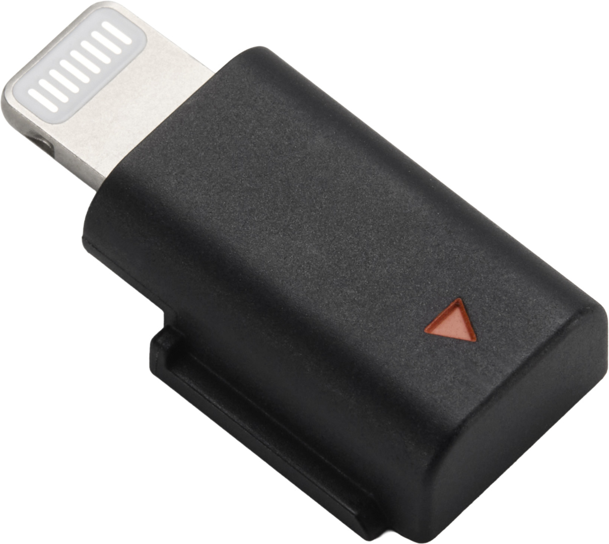 Un adaptateur noir avec un connecteur Lightning argenté et un petit triangle orange.