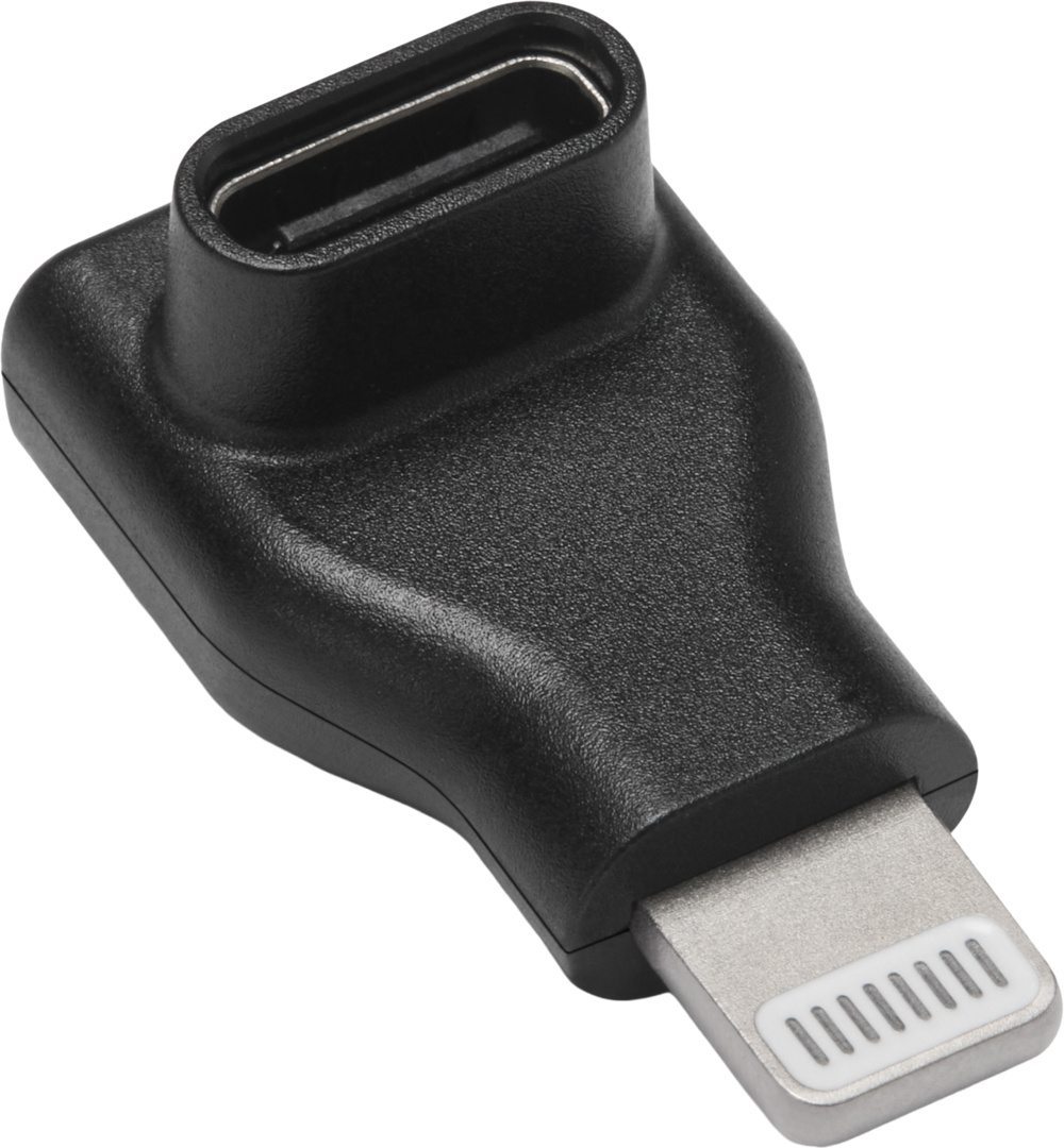 Adaptateur noir avec connecteur Lightning et port USB-C.