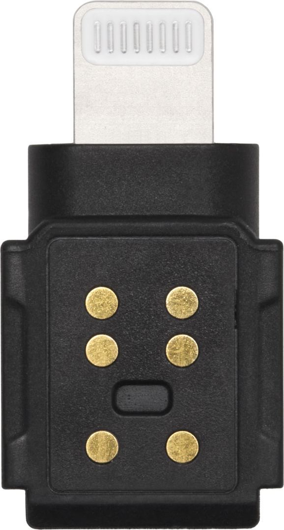 Un adaptateur noir avec connecteur lightning argenté et broches dorées.