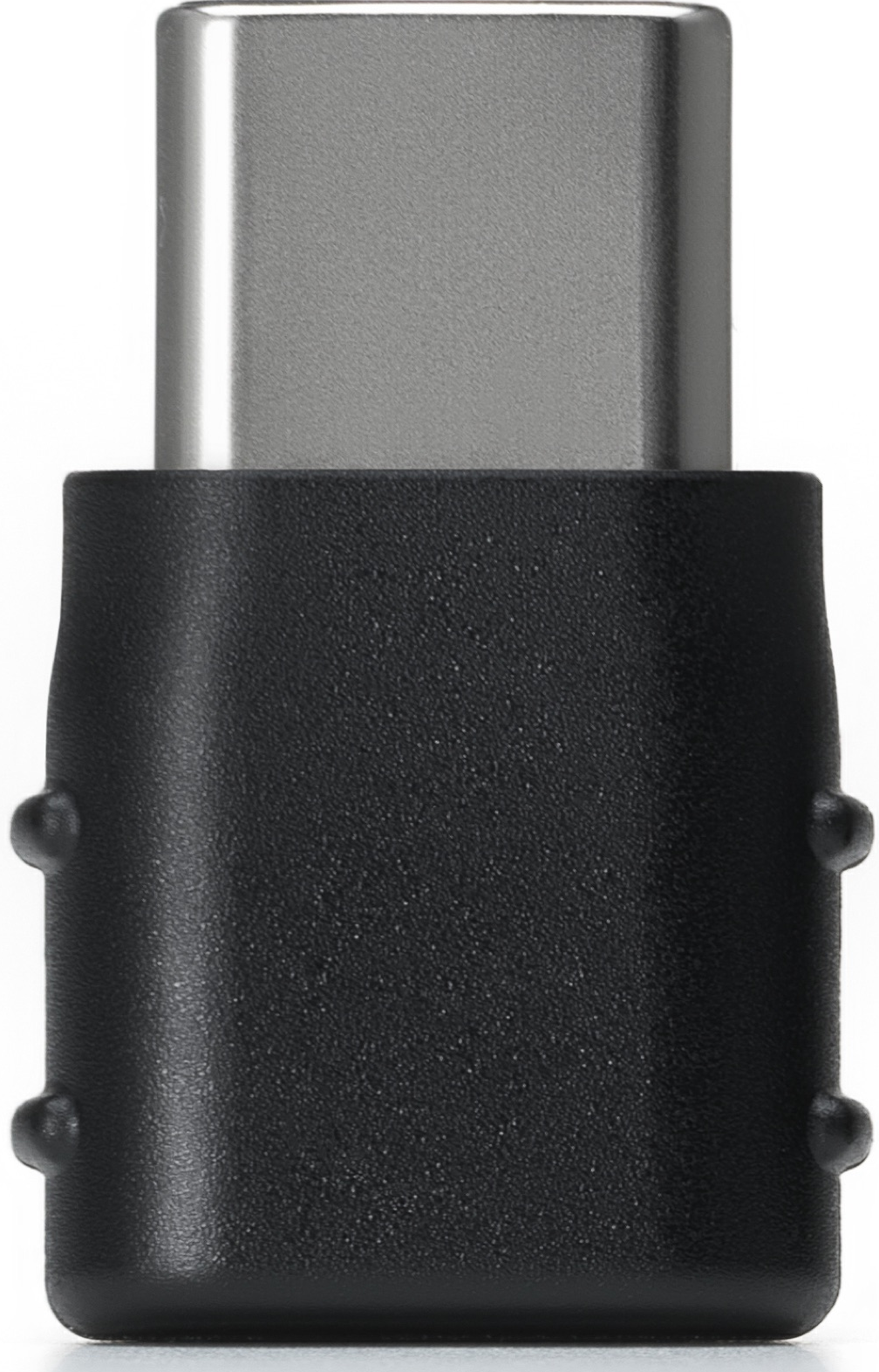 Un adaptateur USB-C noir avec un connecteur métallique argenté.