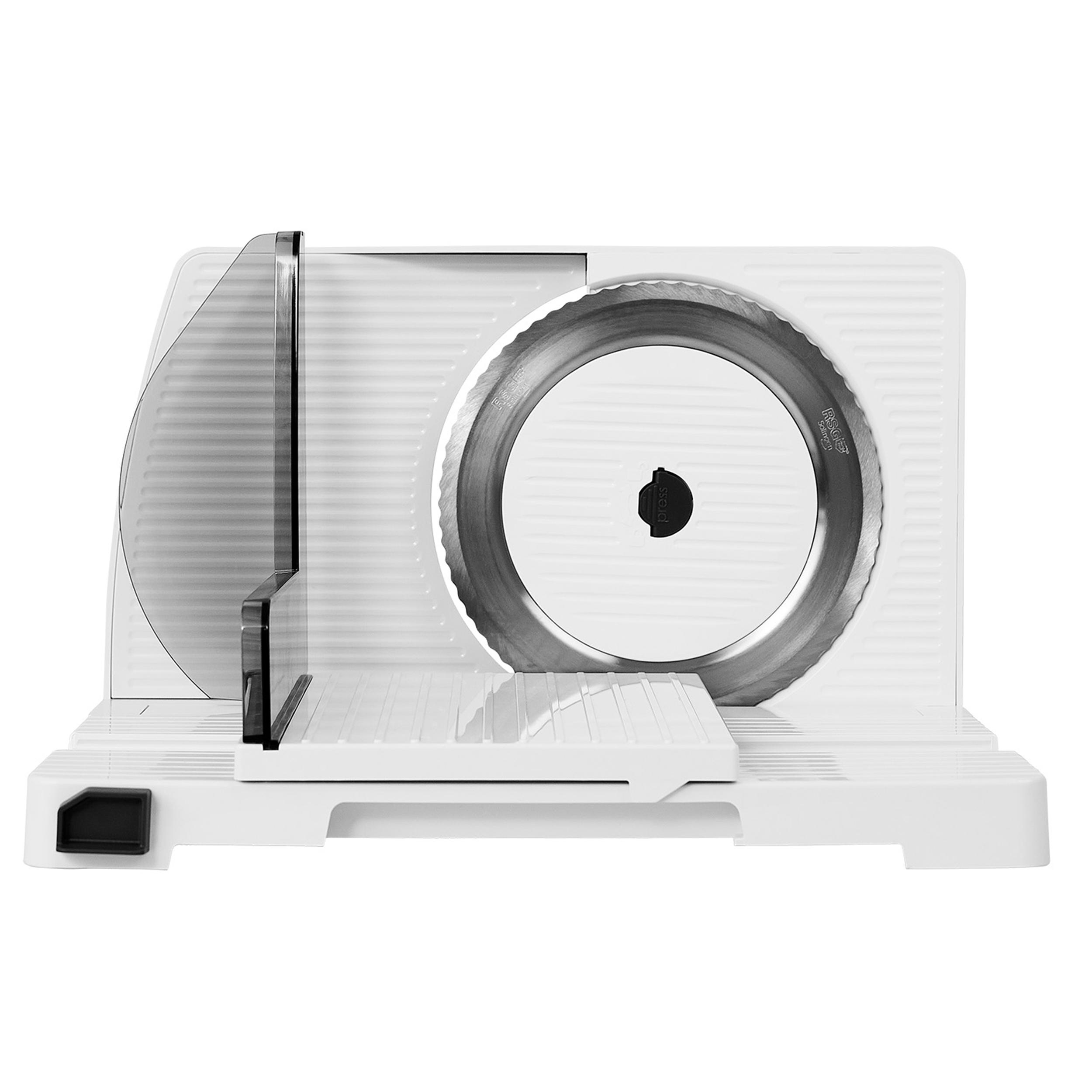 Weiße Aufschnittmaschine mit scharfer metallscheibe und transparentem schutz.