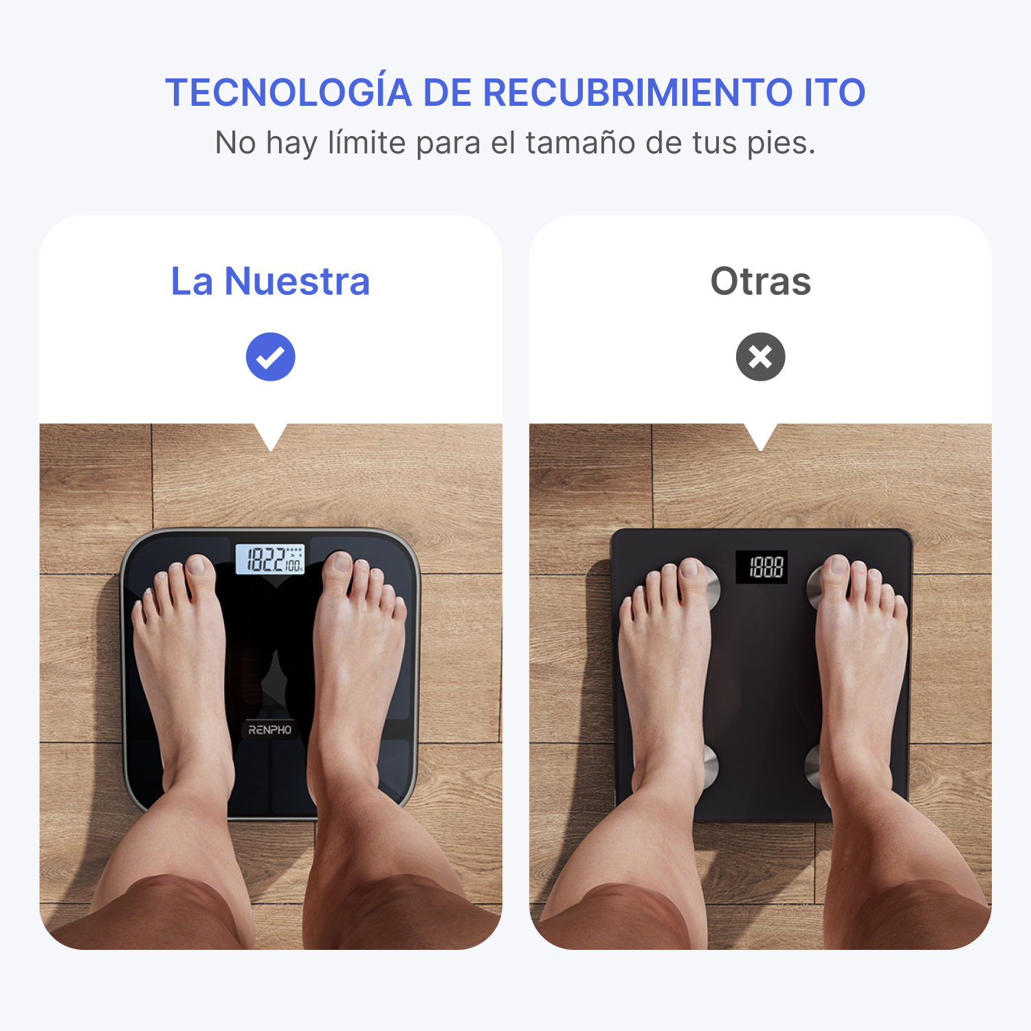 Dos básculas digitales una al lado de la otra en suelo de madera, con pies encima.