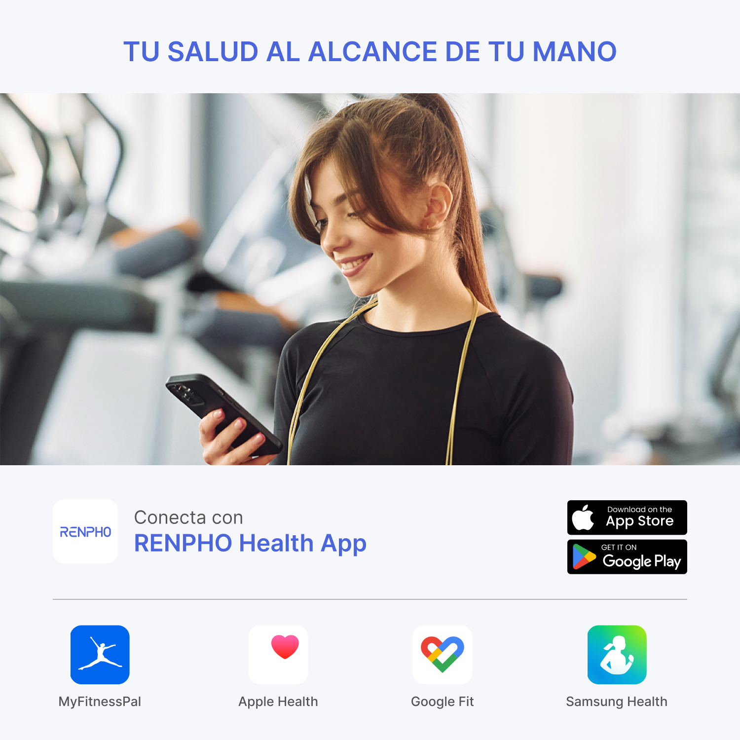 Mujer con smartphone en gimnasio, promocionando la app RENPHO Health.
