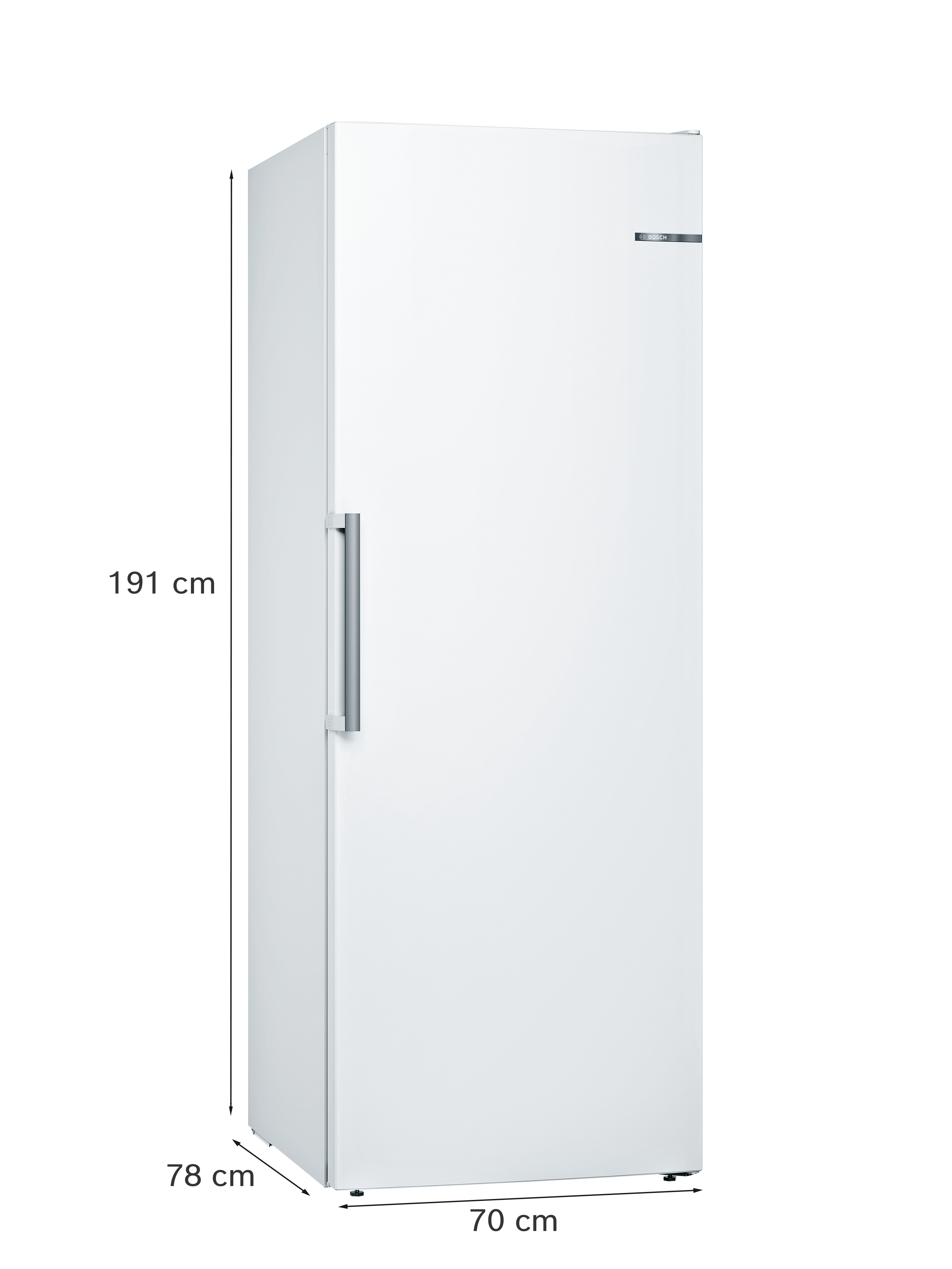 Ein weißer Kühlschrank mit silbernem Griff, 191x78x70 cm.