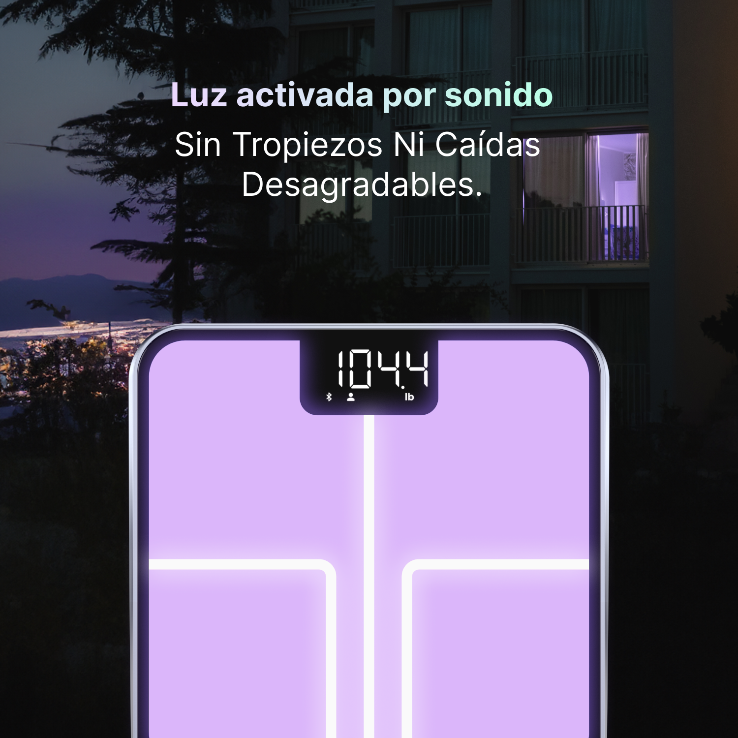 Una báscula digital morada con líneas iluminadas por la noche.