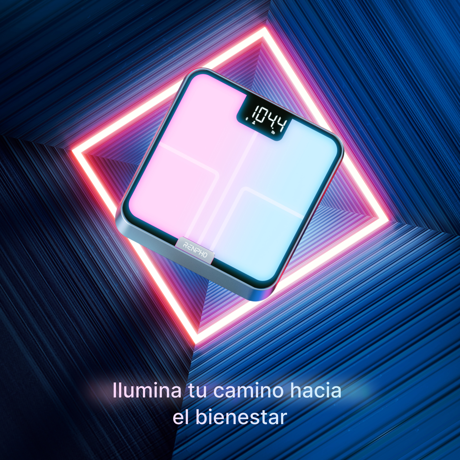 Una báscula digital con pantalla brillante frente a un marco de neón.