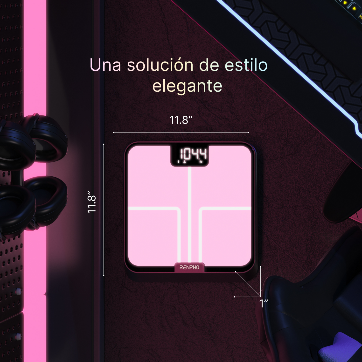 Una báscula digital rosa de 11.8 pulgadas muestra 104.4 lbs.