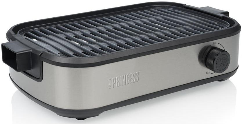 Ein silberner Tischgrill mit schwarzem Rost und Drehregler.