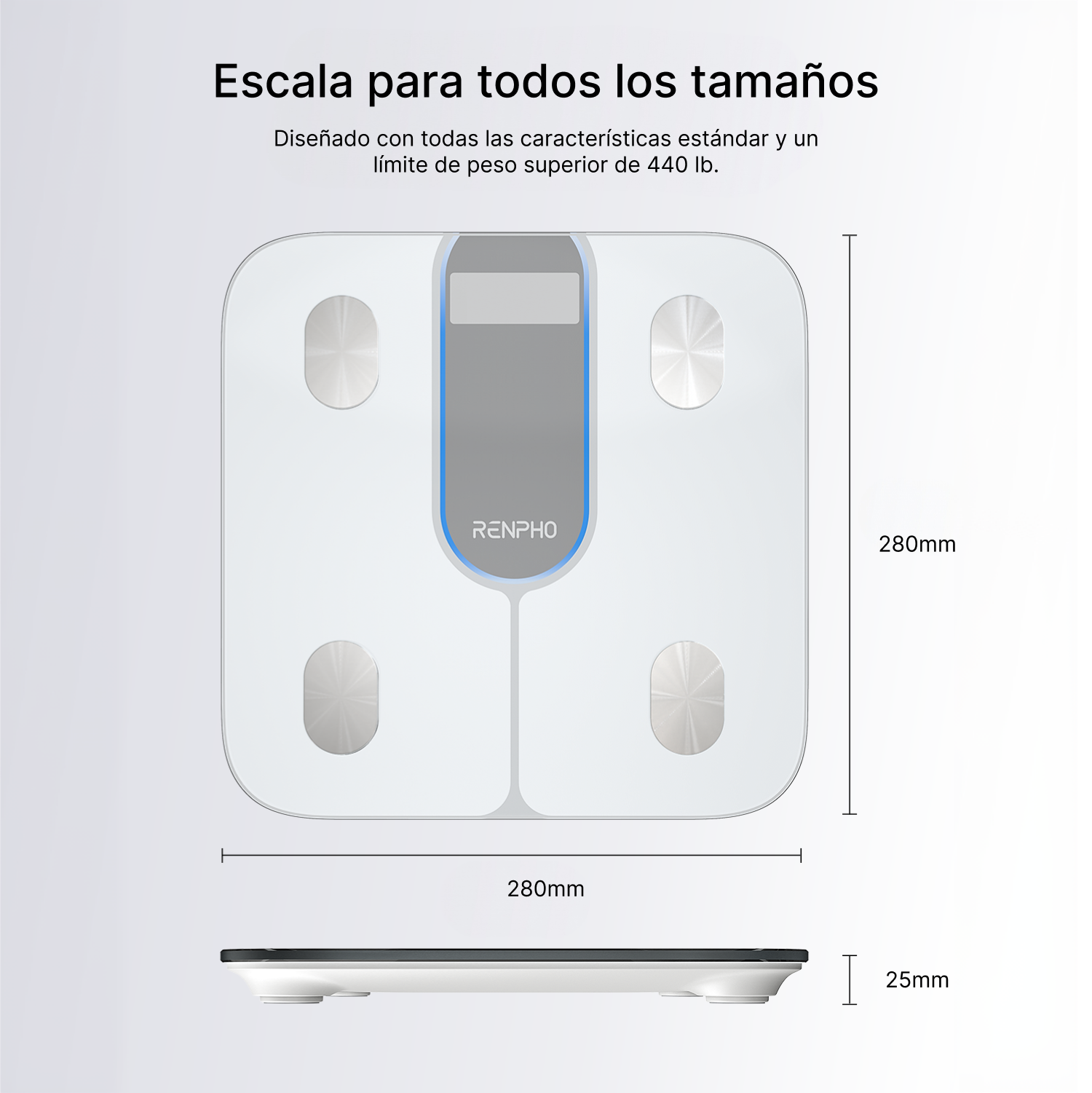Una báscula digital blanca con electrodos plateados y una pantalla. Dimensiones.