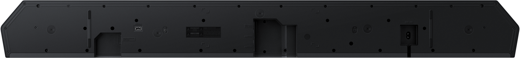 Rückseite einer schwarzen Soundbar mit Anschlüssen: USB, HDMI, optisch, Strom.