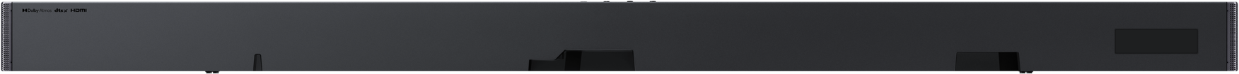 Dunkelgraues Gehäuse mit Dolby Atmos, DTS:X und HDMI-Logo.