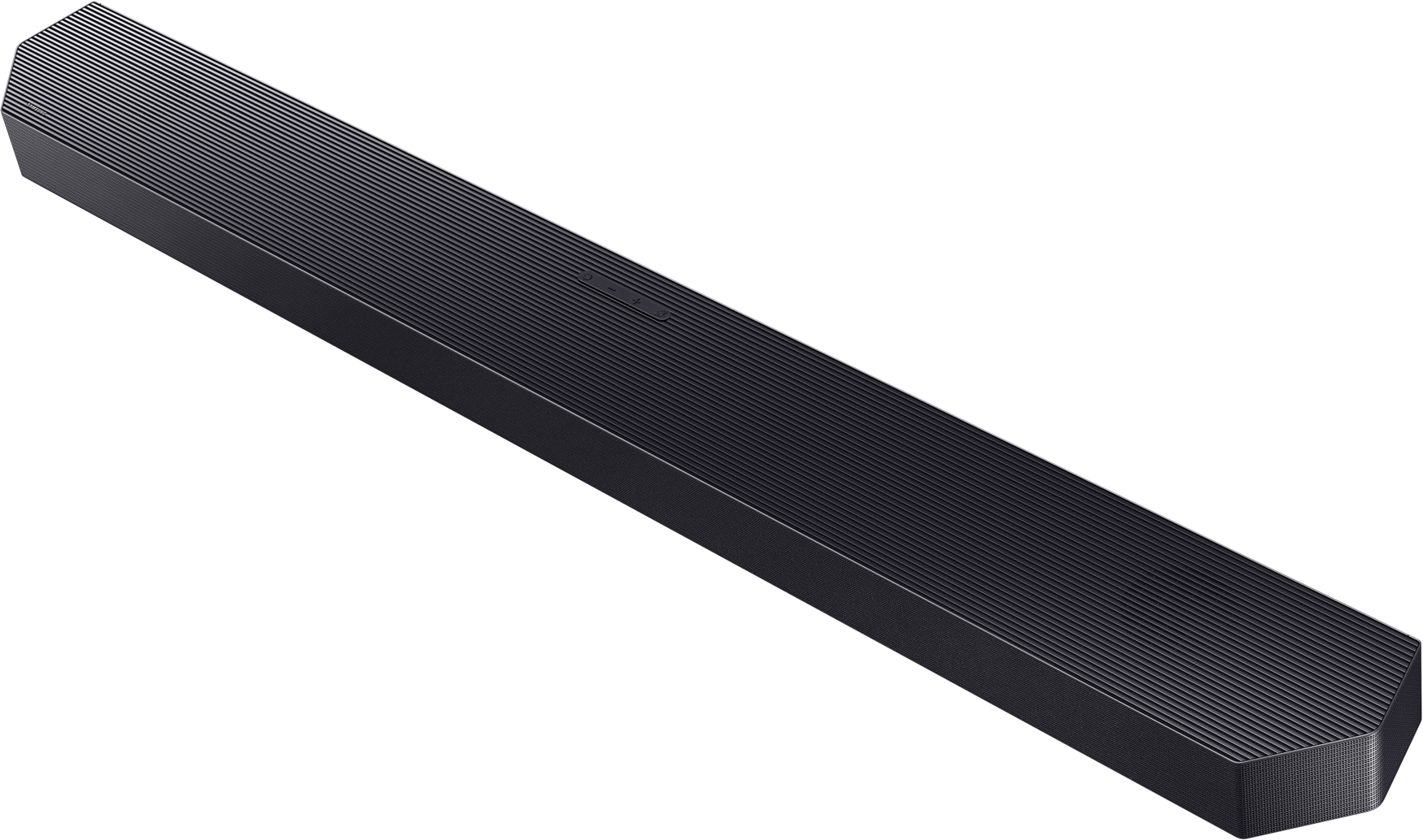 Schwarzer, gerippter Soundbar-Lautsprecher mit Bedienelementen auf der Oberseite, isoliert.