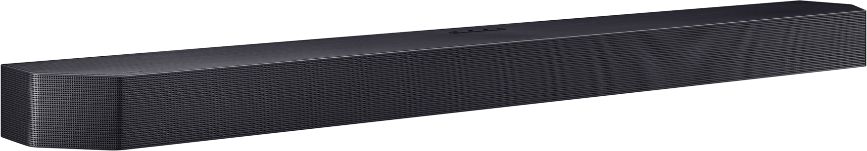 Schwarze Soundbar mit feinen Rillen und Bedienelementen oben.