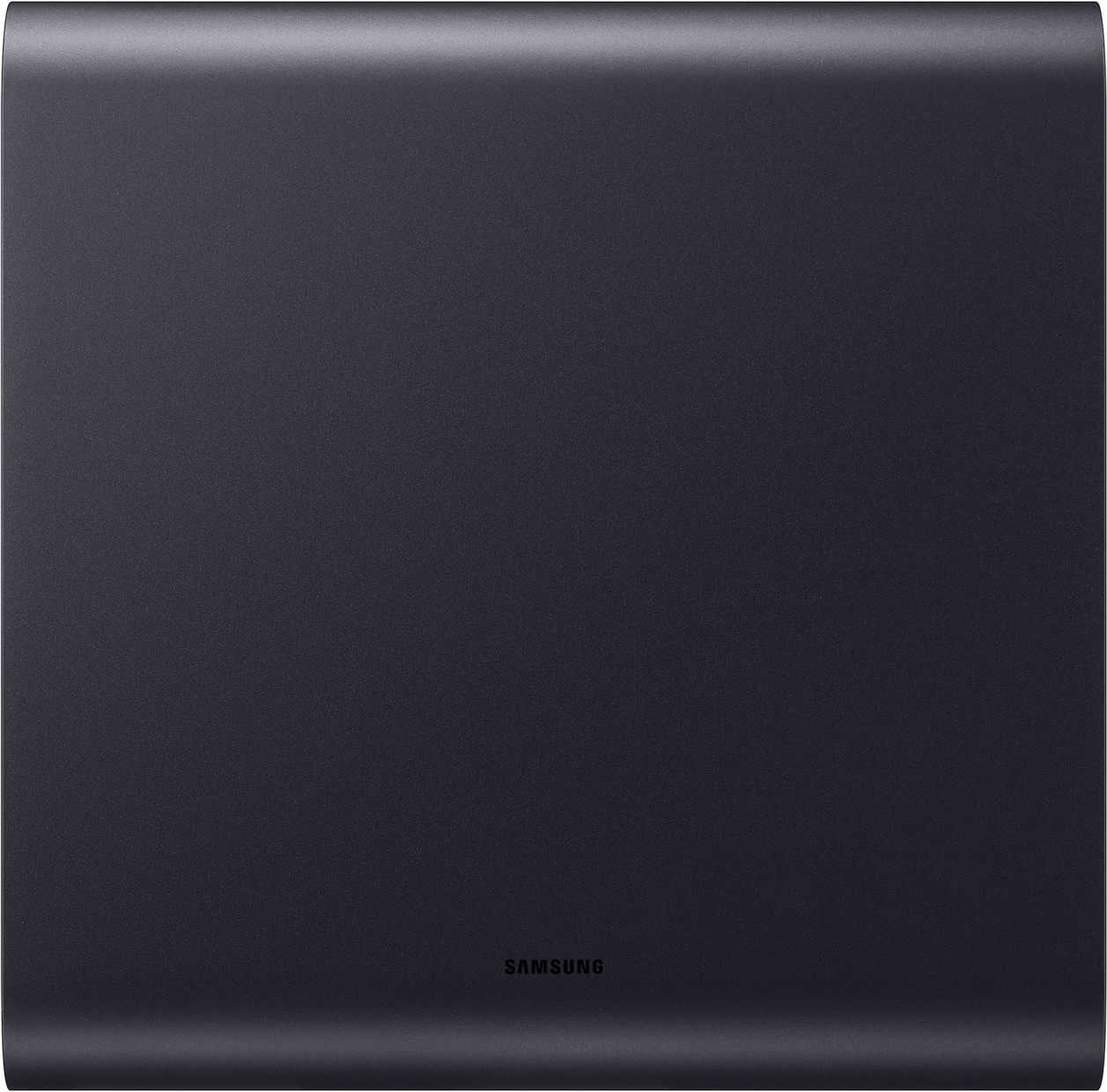 Dunkelgraues Samsung-Subwoofer-Gehäuse mit leicht gebogenen Kanten.