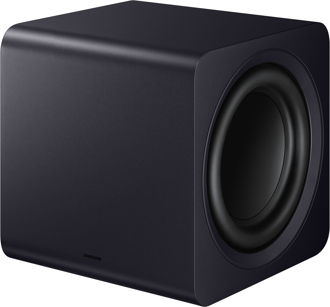 Schwarzer Subwoofer mit Samsung-Logo auf der linken Seite.