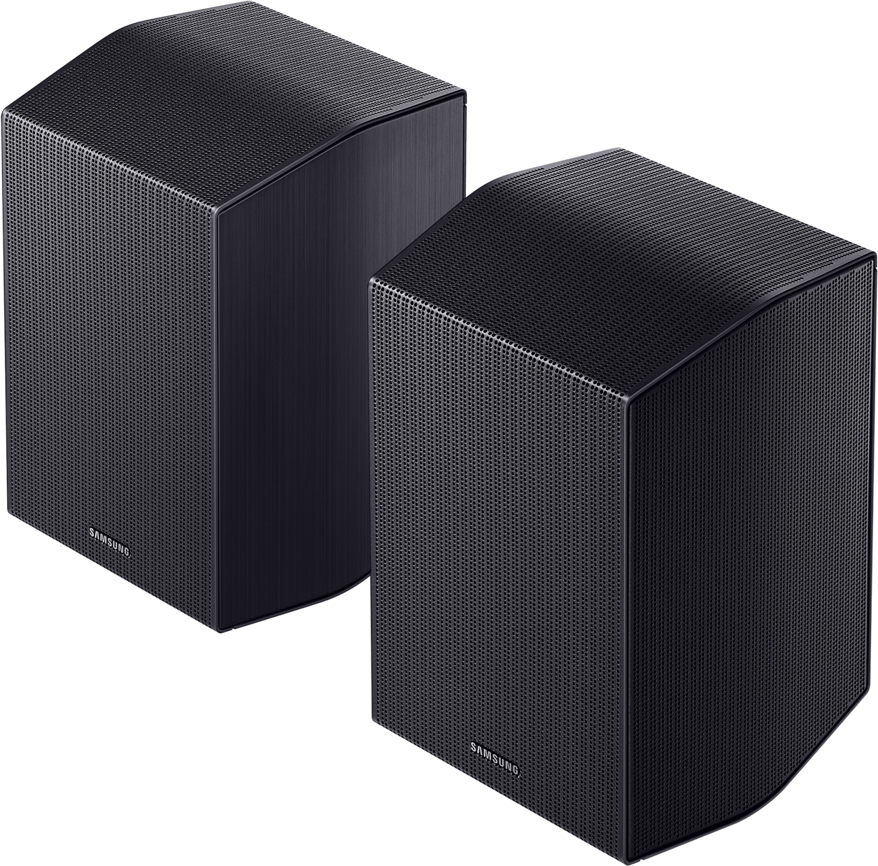 Zwei schwarze Samsung-Lautsprecher mit perforierter Vorderseite stehen nebeneinander.