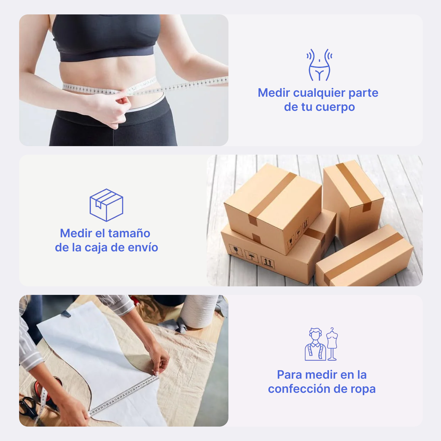 Persona mide cintura con cinta métrica. Cajas y maniquí.