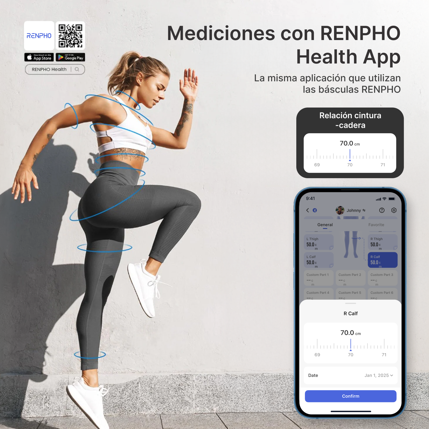 Mujer haciendo ejercicio, app RENPHO muestra medidas corporales.