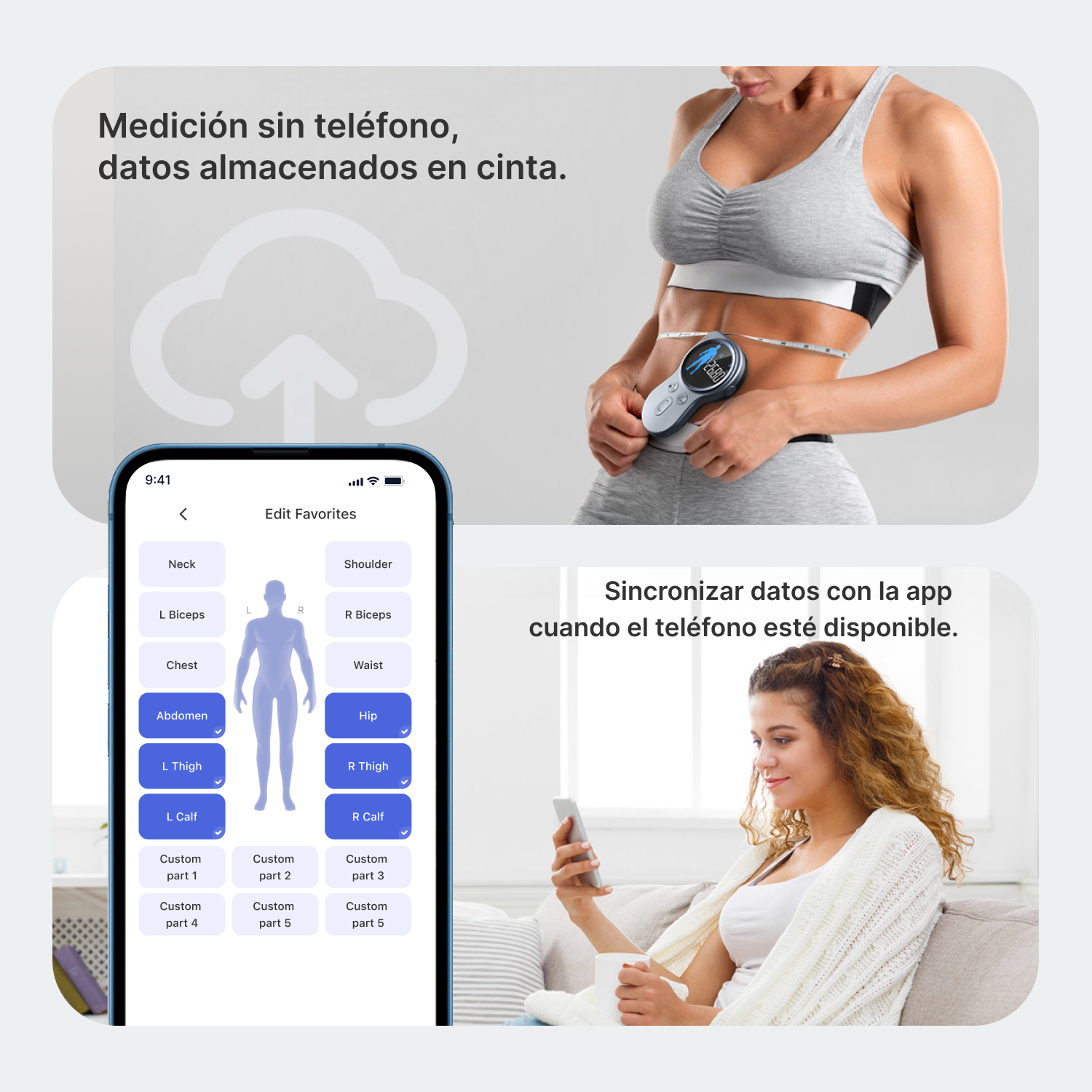 Mujer mide su cintura con cinta y dispositivo digital. App muestra partes del cuerpo. Icono nube.