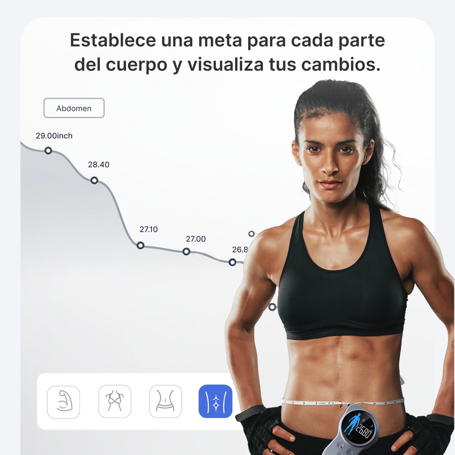 Una mujer con abdominales se mide la cintura con cinta métrica, mostrando progreso.