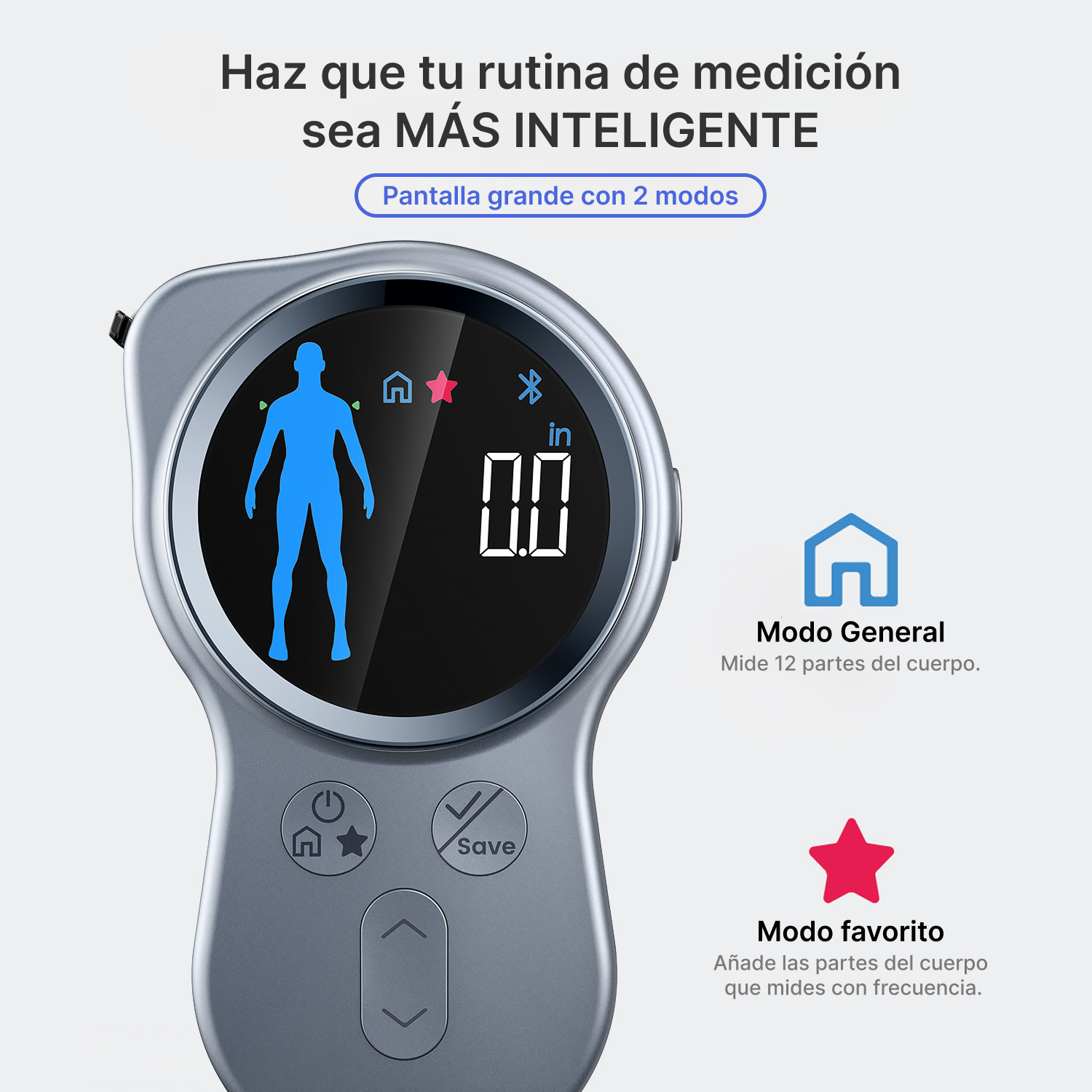 Báscula gris muestra hombre azul, números y modos.