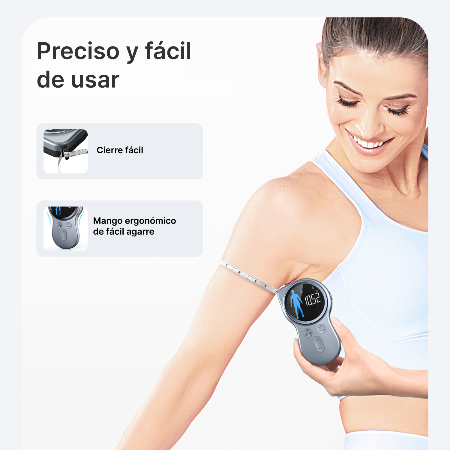 Mujer se mide el brazo con una cinta métrica digital que muestra 105.2.