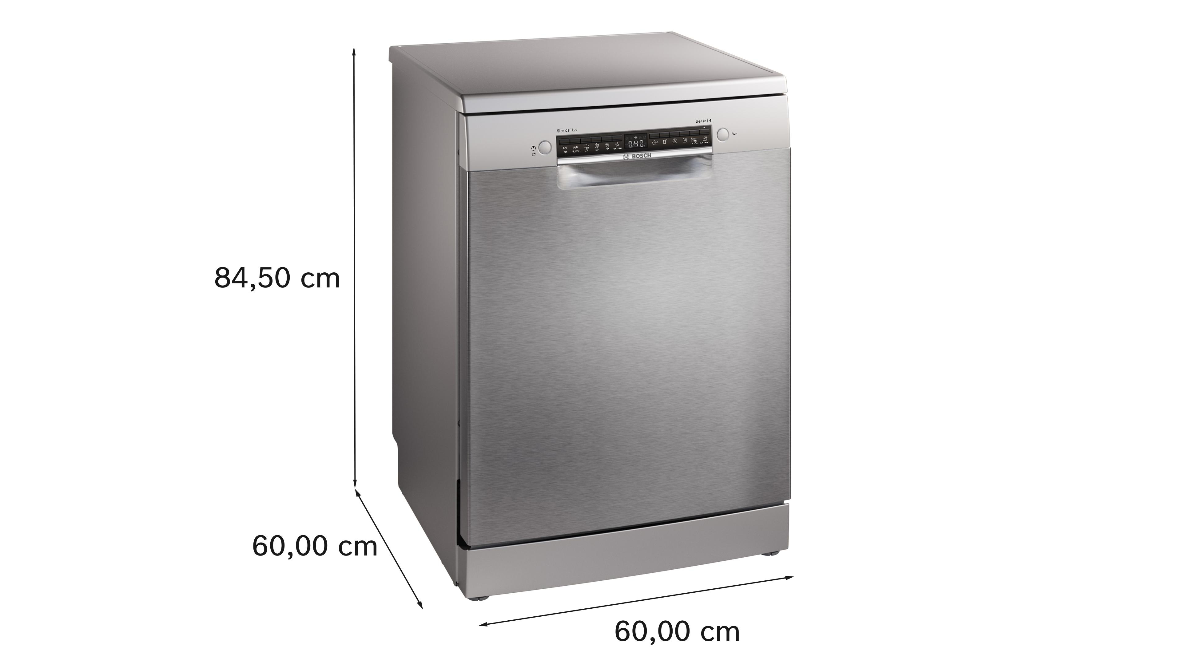 Silberne Bosch-Spülmaschine, 84,5 cm hoch, 60 cm breit und 60 cm tief.