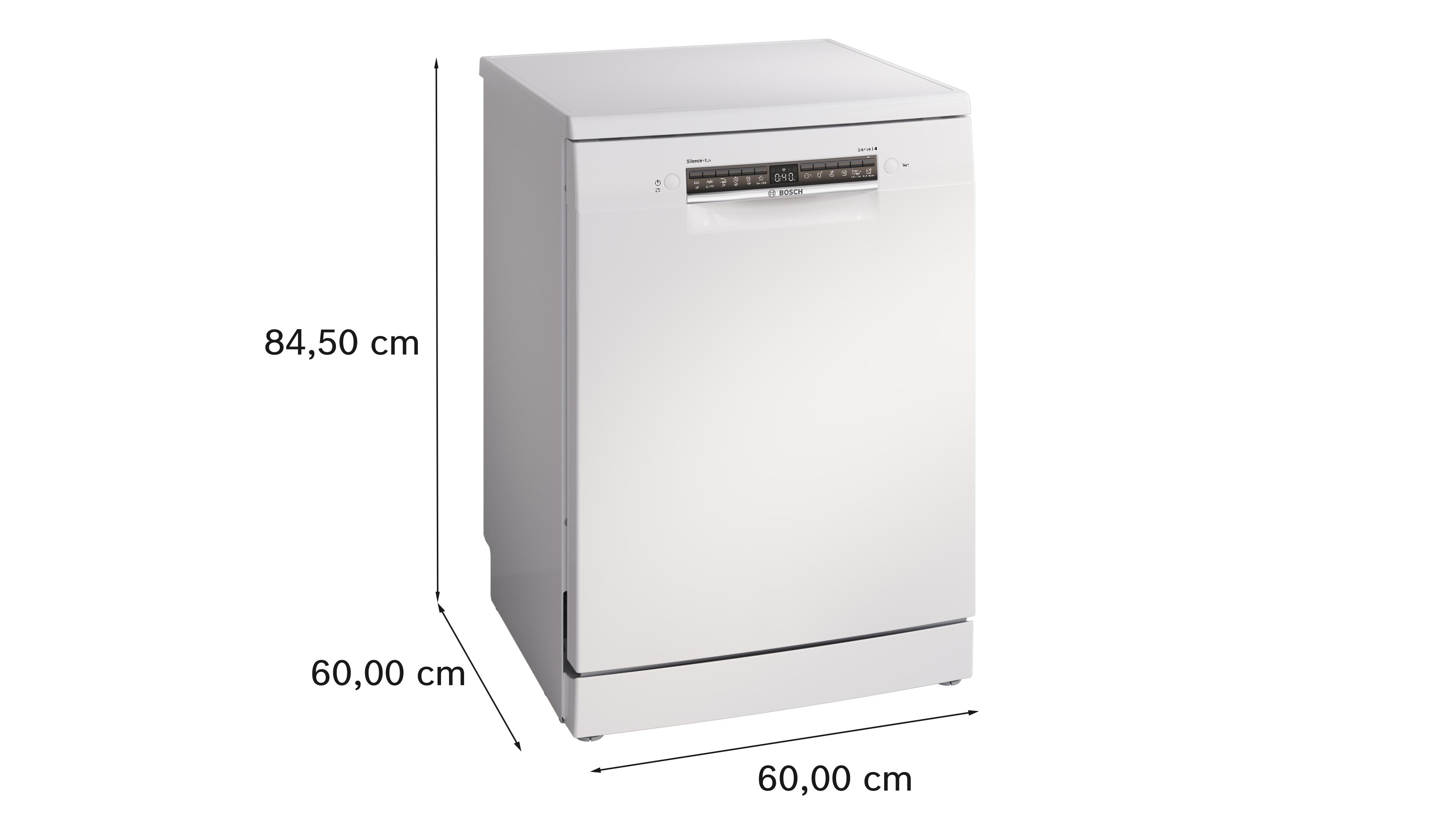 Ein weißer Bosch-Geschirrspüler mit Maßen: 84,50 cm Höhe, 60,00 cm Breite.