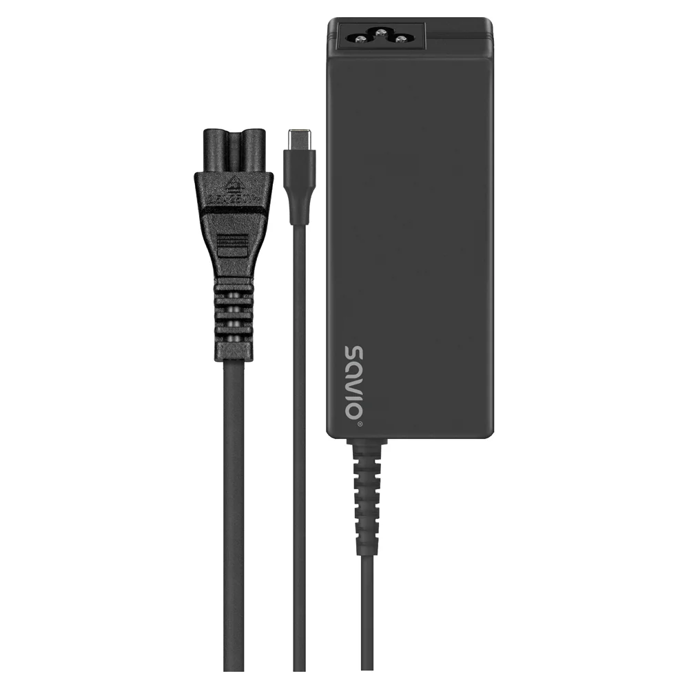 Egy fekete tápadapter két kábellel, háromágú dugóval és USB-C csatlakozóval.