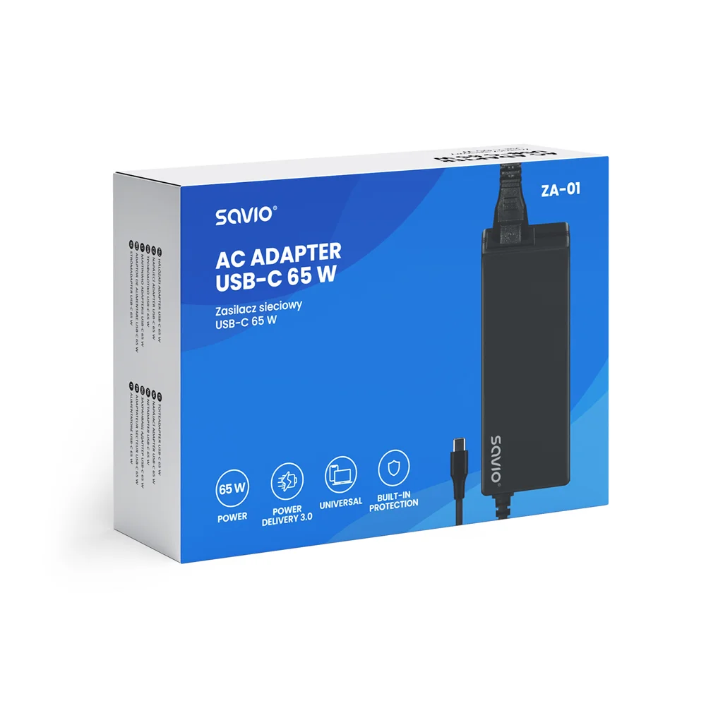 Fekete SAVIO AC adapter USB-C 65W csomagolása ikonokkal.