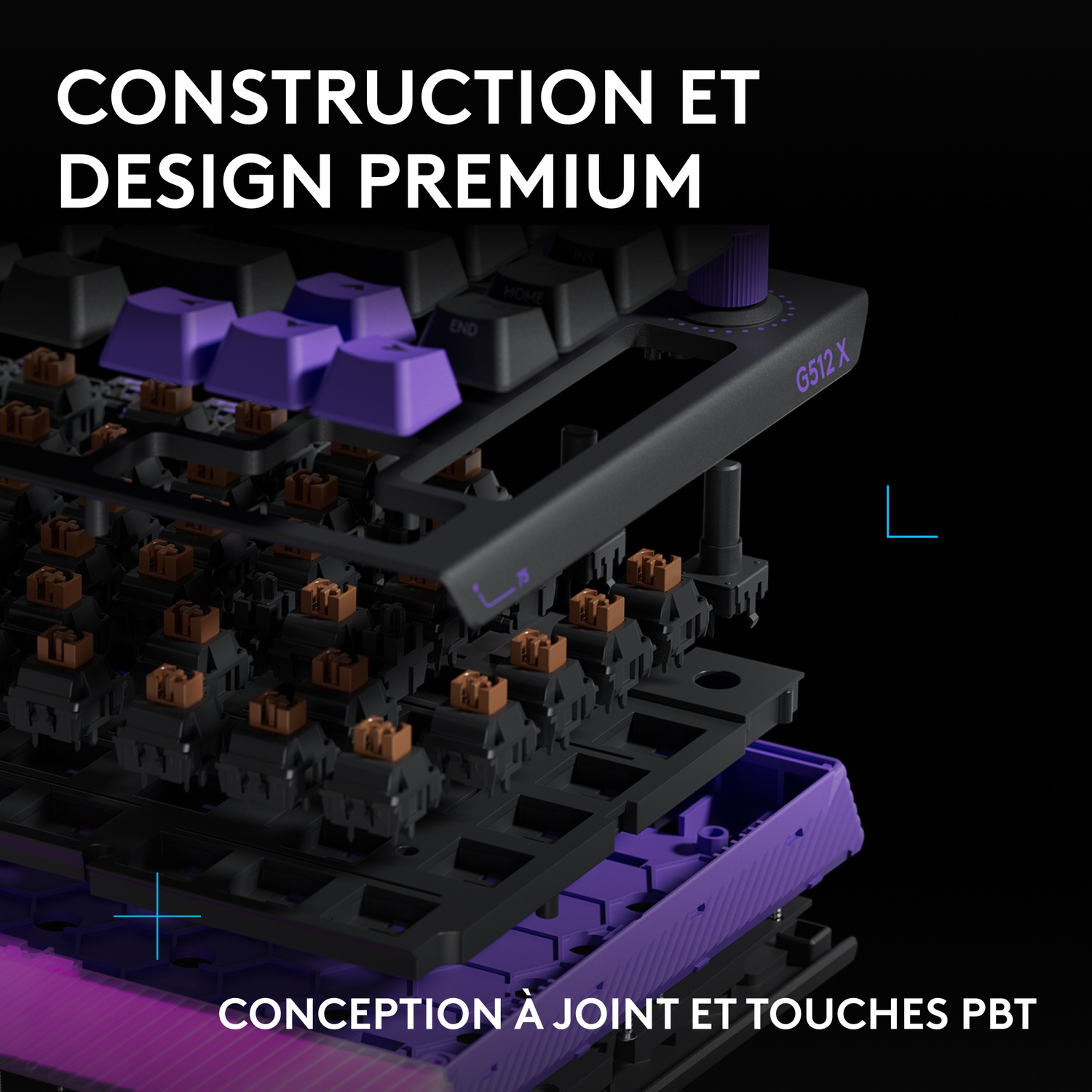 Vue éclatée d'un clavier avec touches violettes et commutateurs marron.