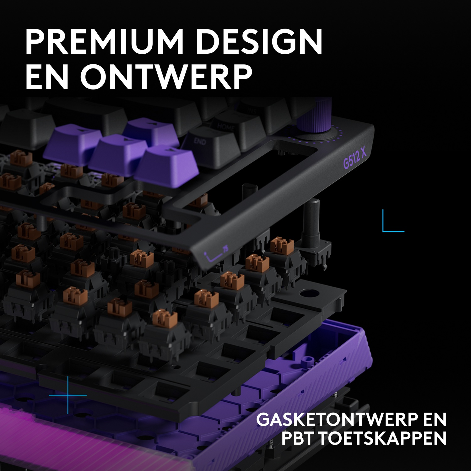 Toont het interieur van een toetsenbord met paarse toetsen en bruine schakelaars.