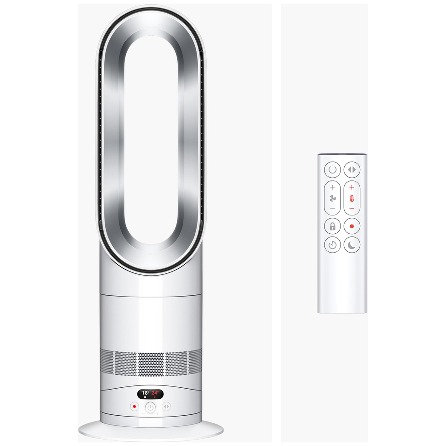 Een witte bladeless ventilator met afstandsbediening. Toont 18° en 24°.