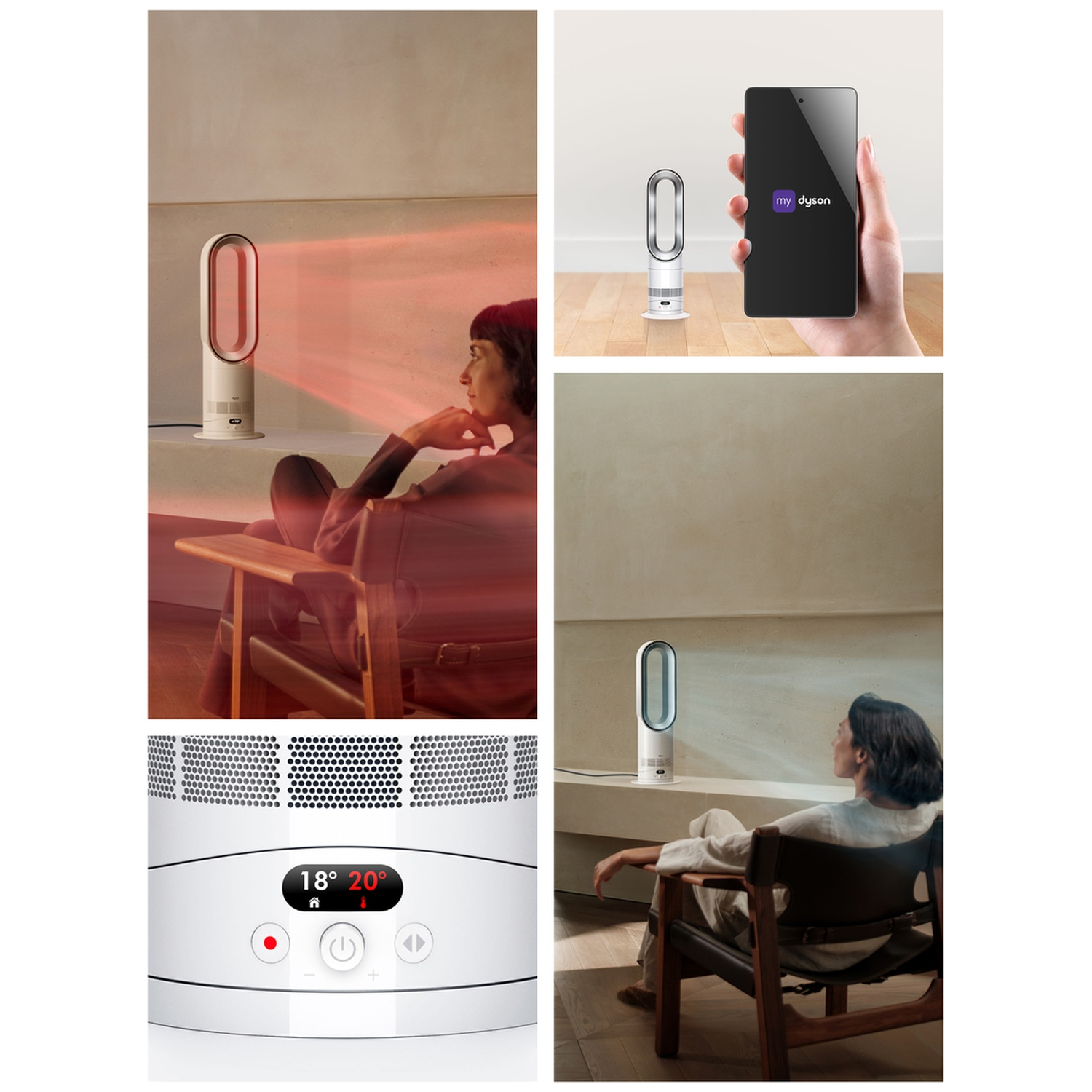 Een Dyson ventilatorkachel met rode luchtstroom naast een zittende vrouw.