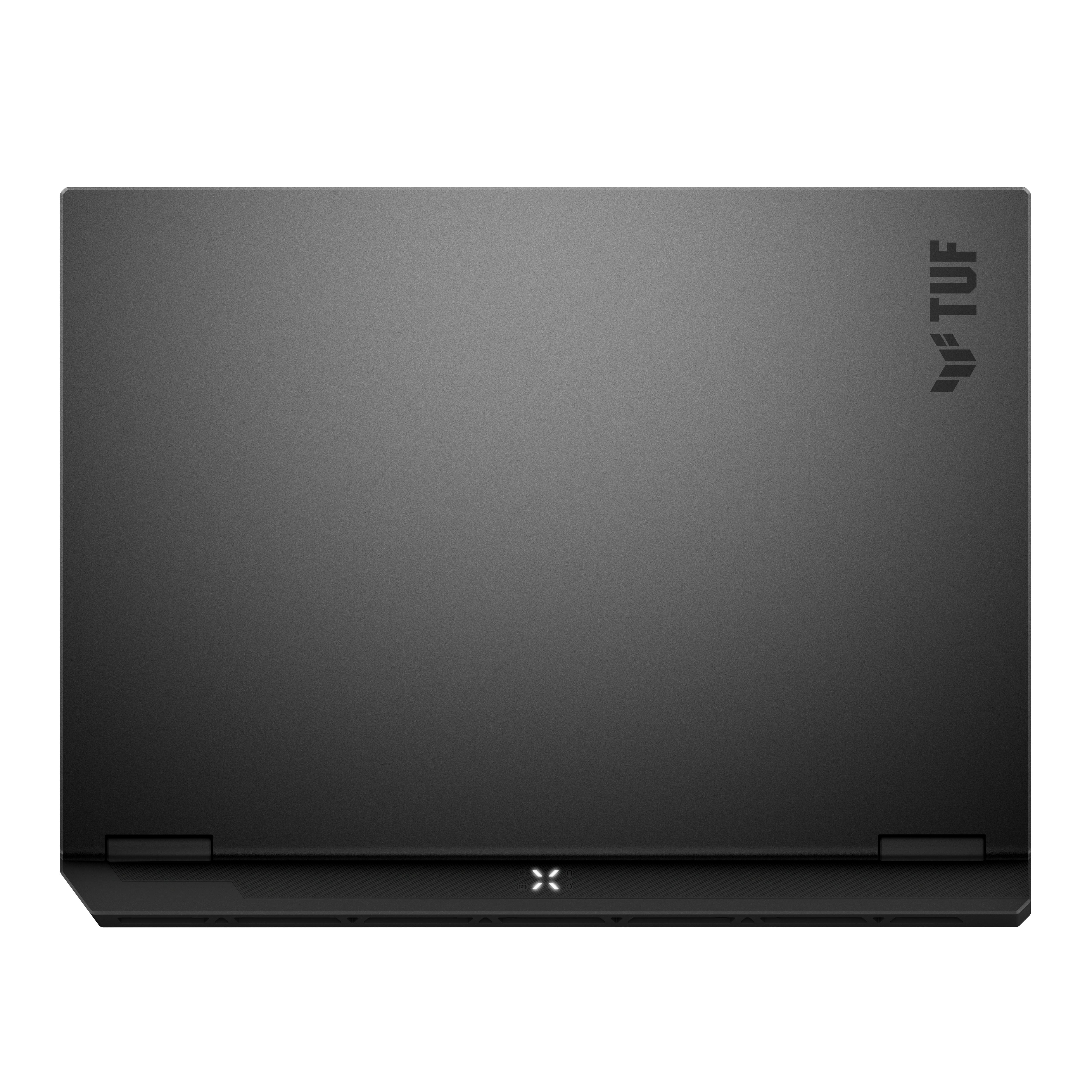 Zamknięty czarny laptop z logo "TUF"