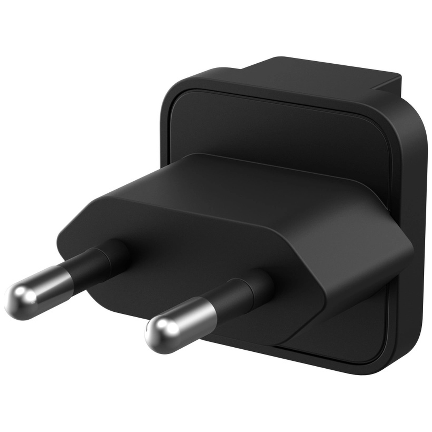 Een zwarte reisadapter met twee ronde pinnen en een brede behuizing.