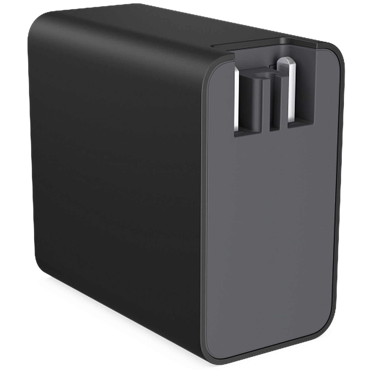 A black power adapter with two silver prongs.
