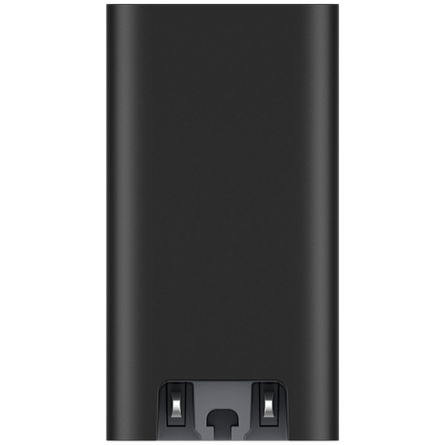 Black cylindrical object with metal contacts at the bottom.