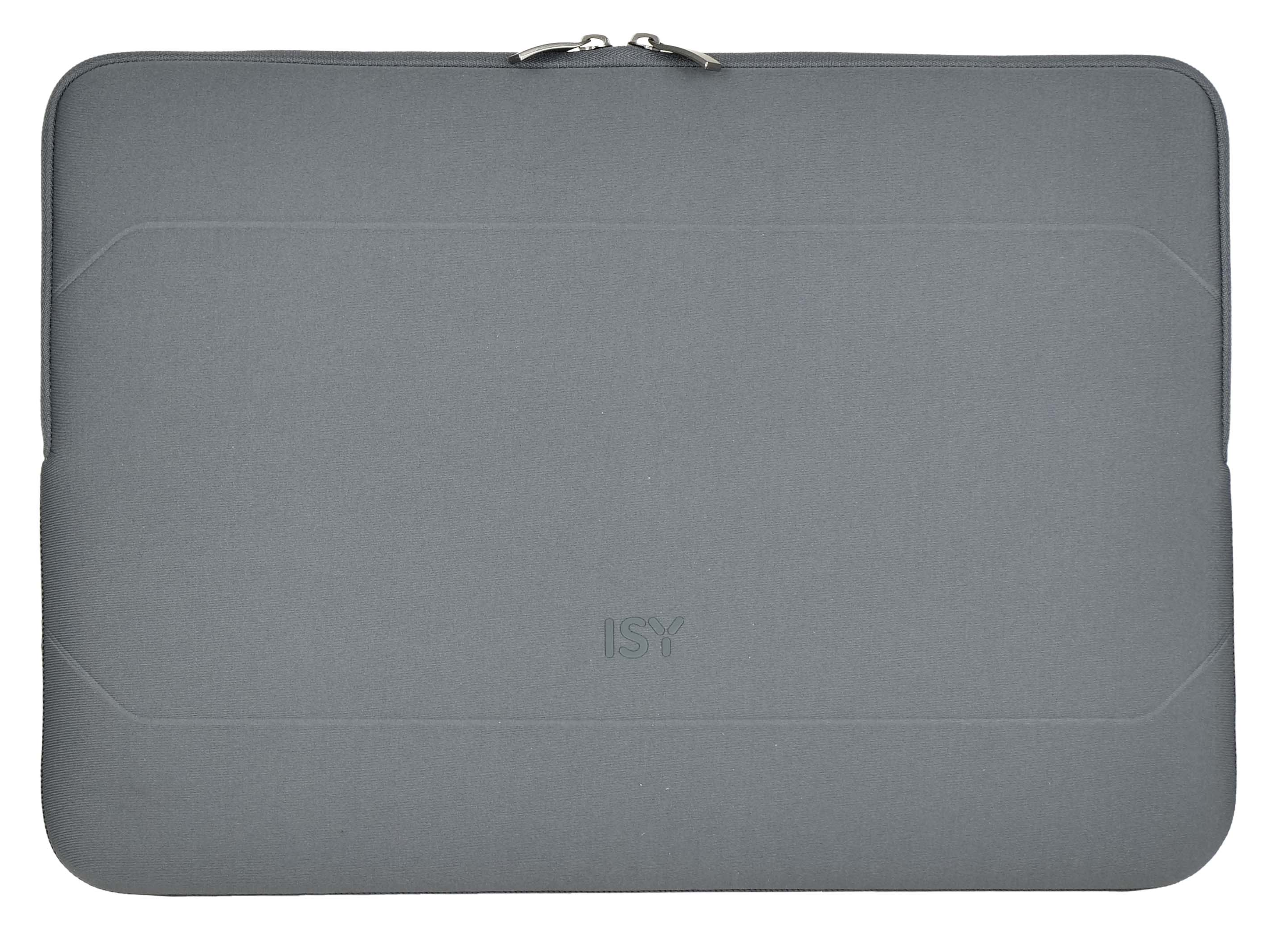 Szürke laptop táska cipzárral és finom ISY domborítással.