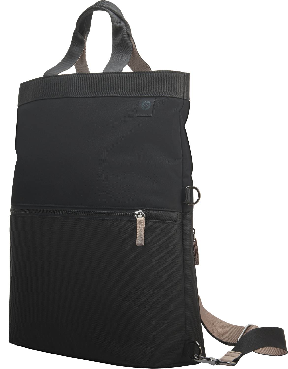 Bolso negro HP con bolsillo con cremallera, asas y correas.