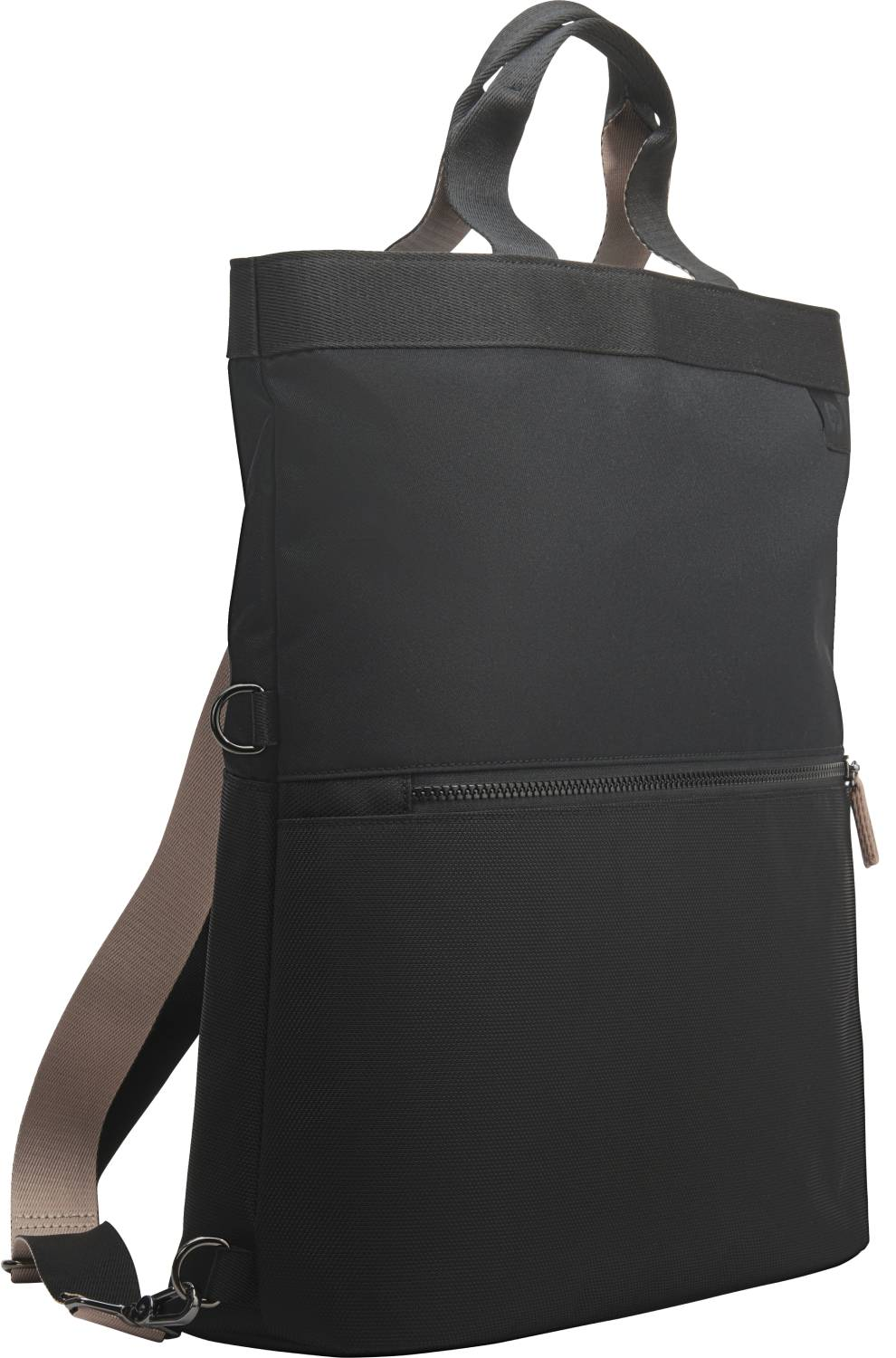 Mochila negra con bolsillo con cremallera y correas ajustables.