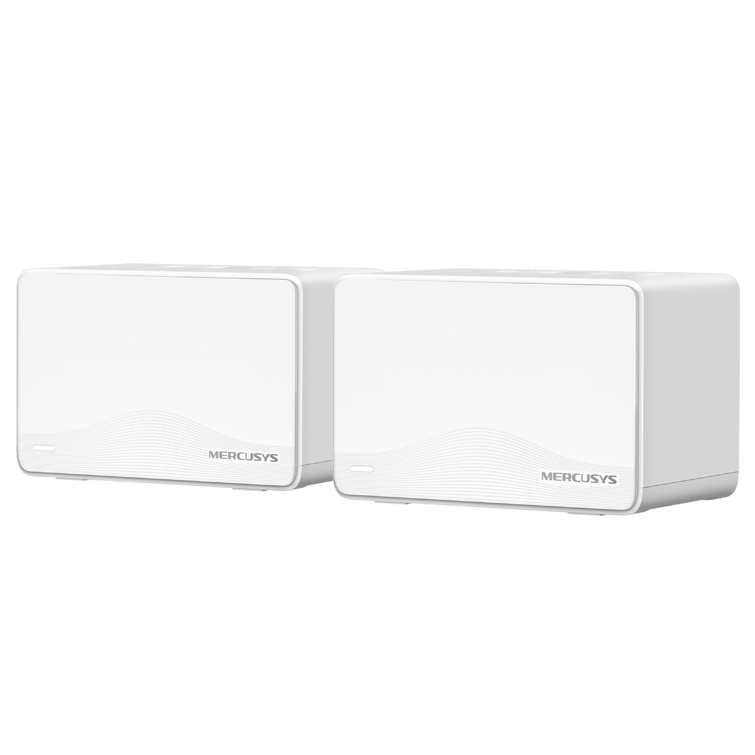 Dos dispositivos MERCUSYS blancos uno al lado del otro. Tienen un diseño moderno y minimalista.