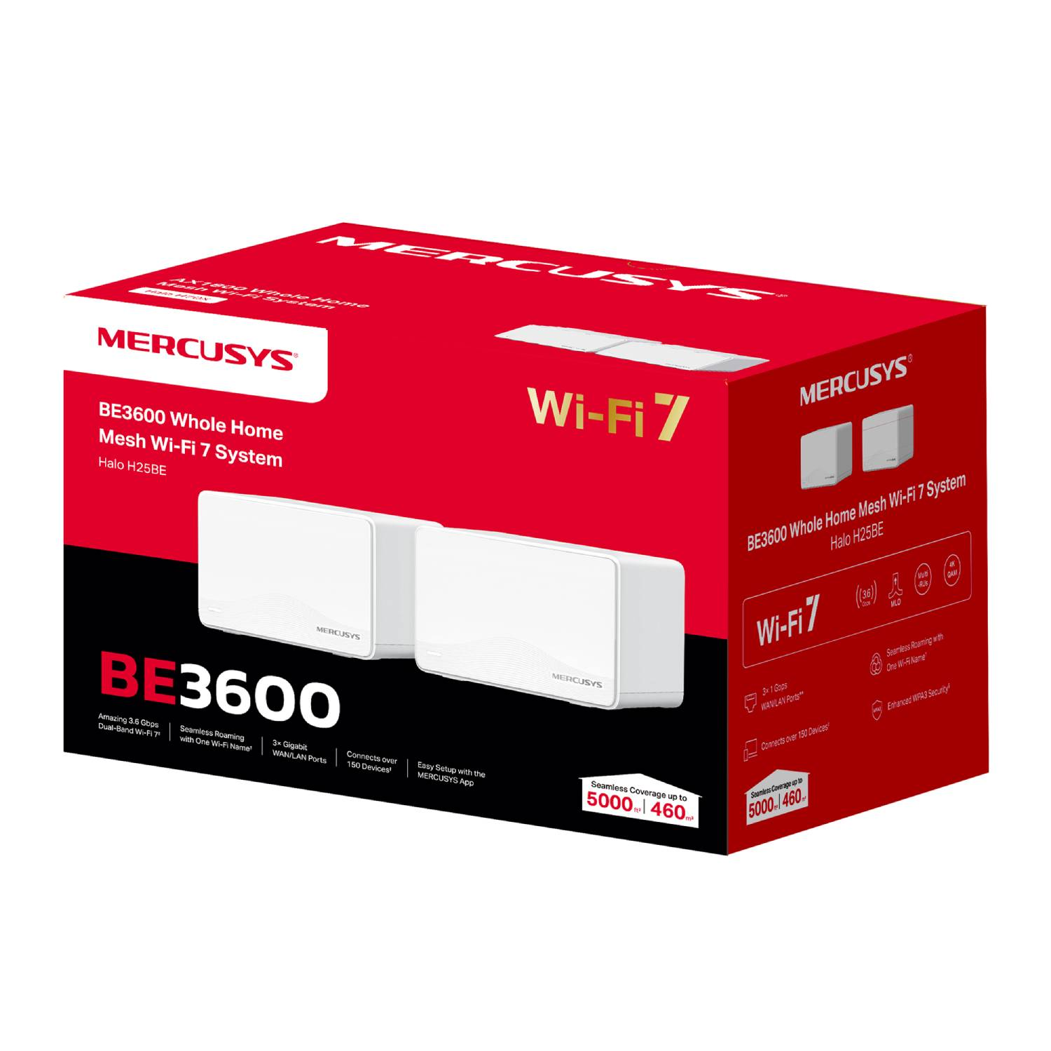Embalaje del sistema MERCUSYS BE3600 Mesh Wi-Fi 7 con dos unidades blancas.