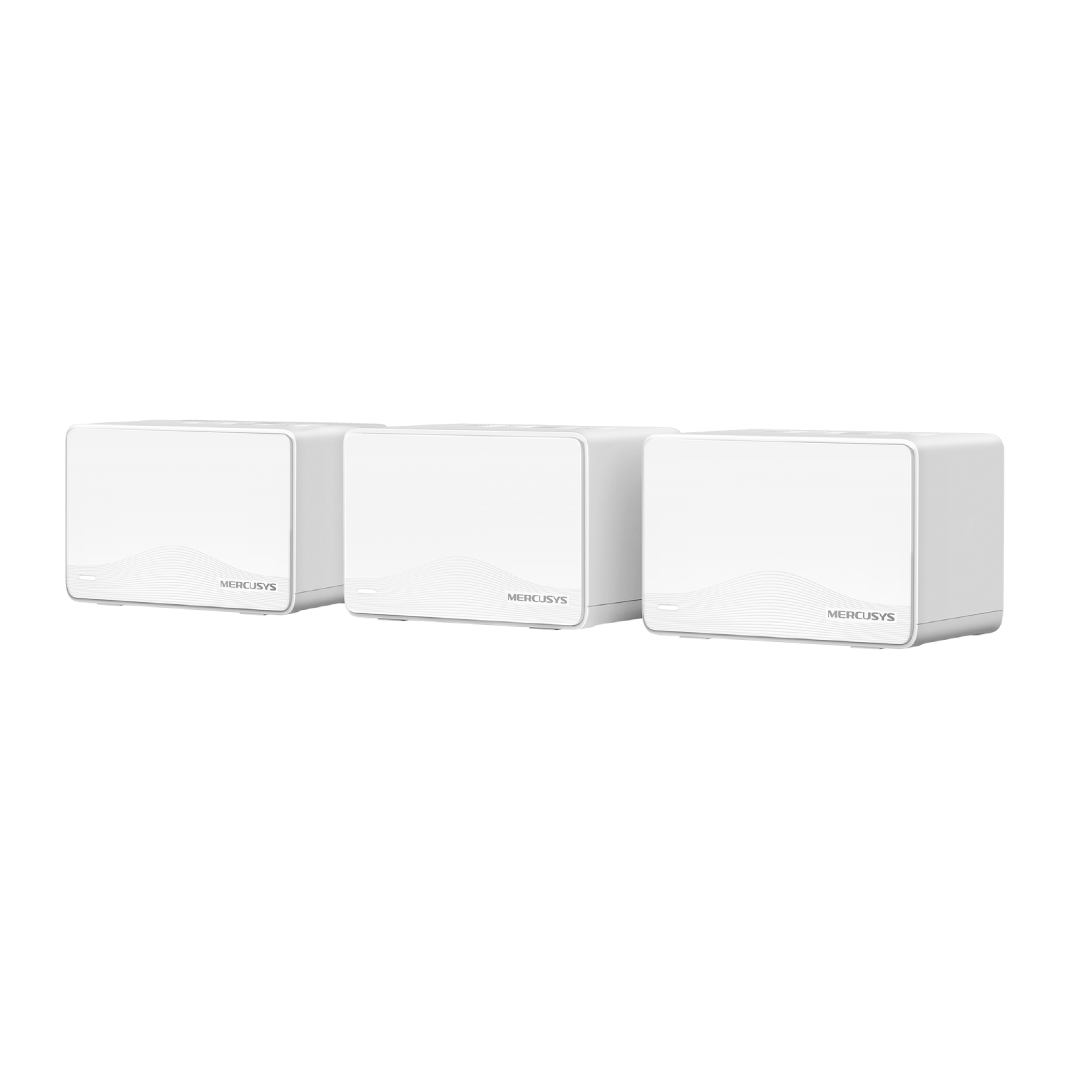 Tres unidades blancas de malla Wi-Fi Mercusys se colocan una al lado de la otra sobre fondo negro.