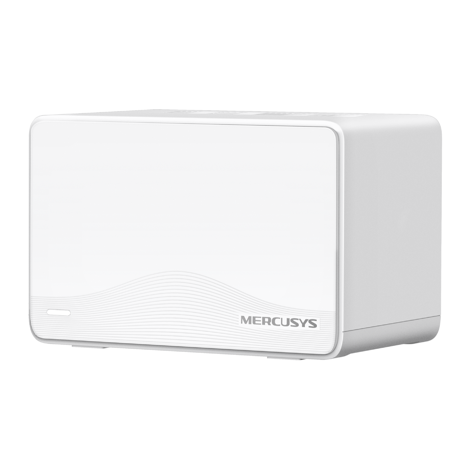Un enrutador blanco Mercusys con patrón de ondas e indicador LED.