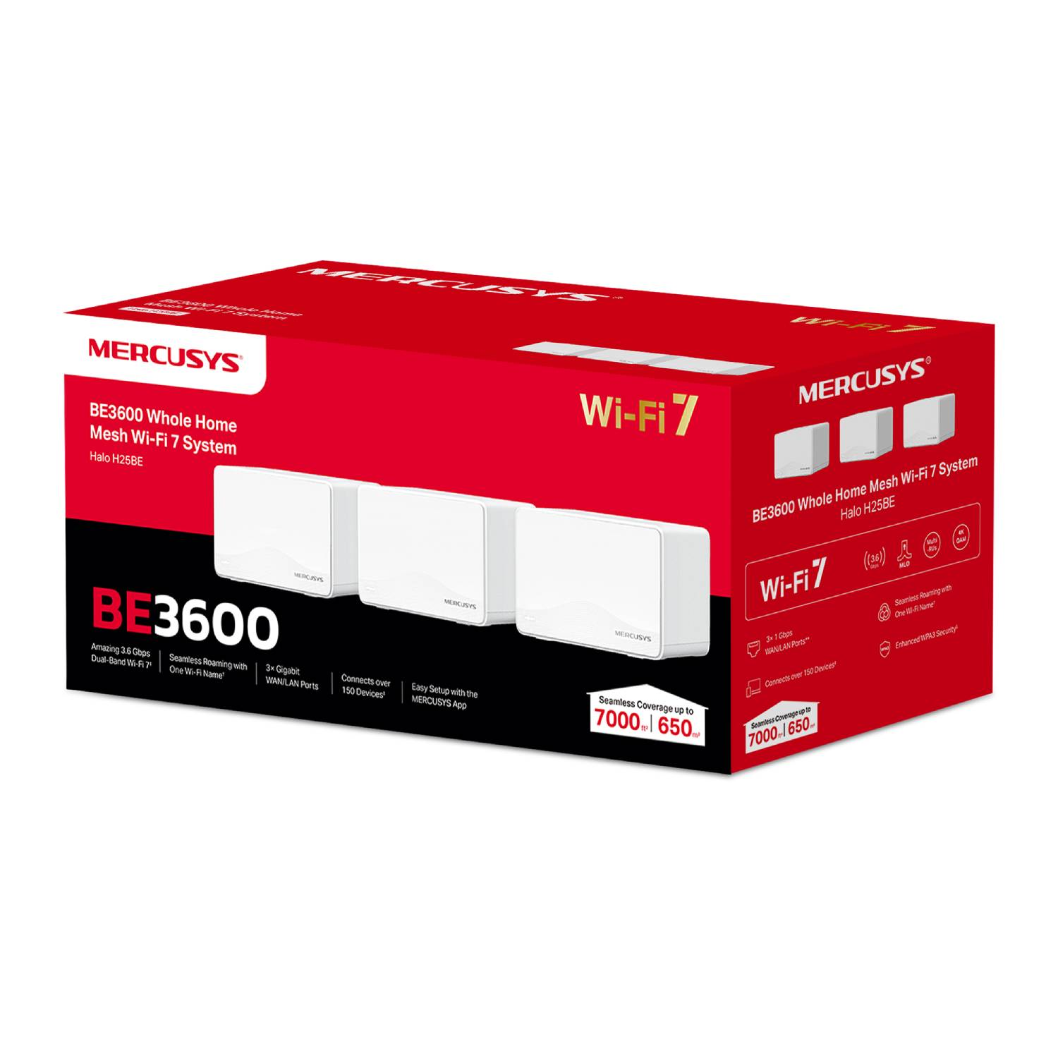 Sistema Mercusys BE3600 Mesh Wi-Fi 7 con tres unidades blancas y detalles del producto.