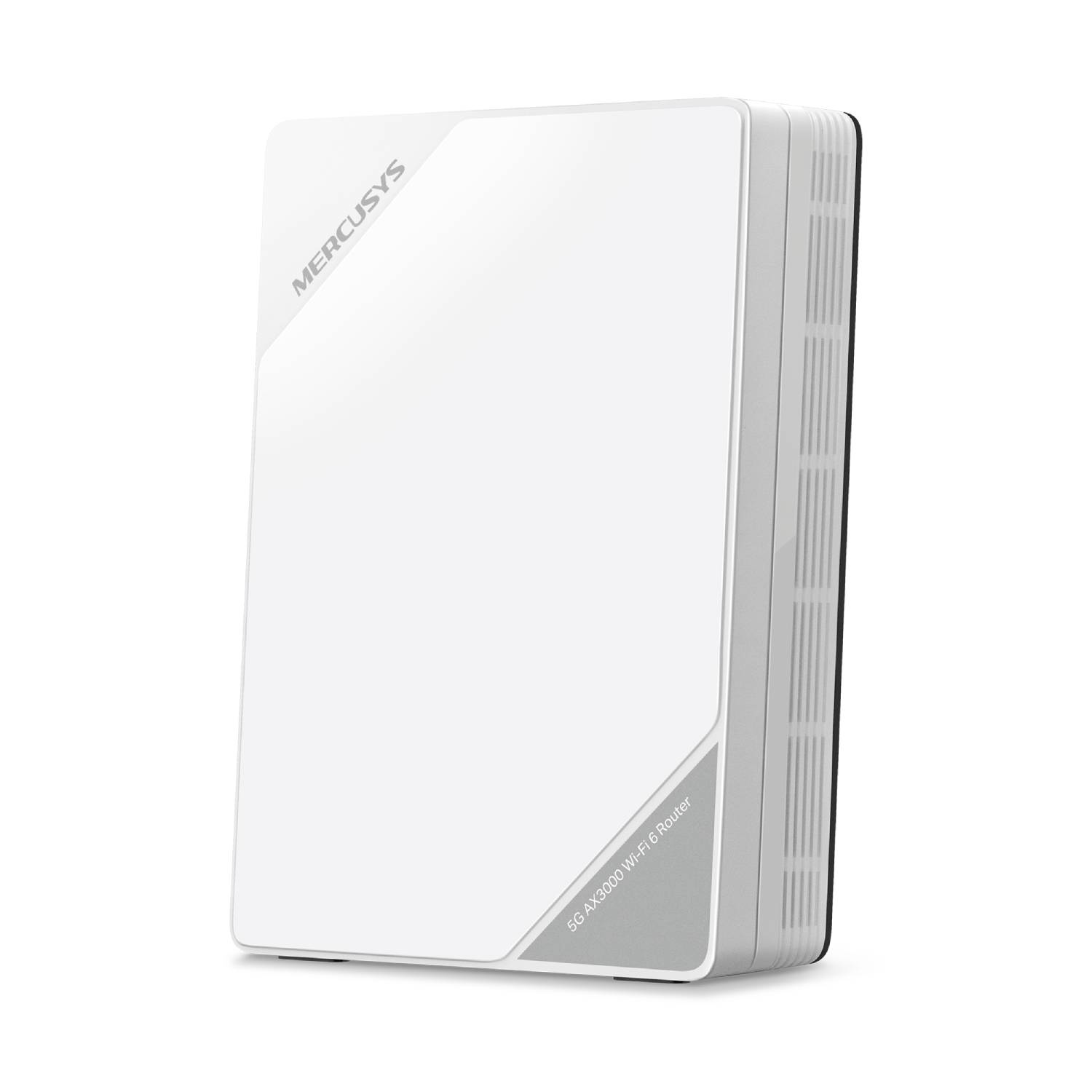 Un router blanco Mercusys 5G AX3000 Wi-Fi 6 sobre fondo blanco.
